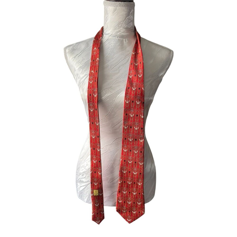 CHANEL Red Anchor Silk Patterned Scarf Tie